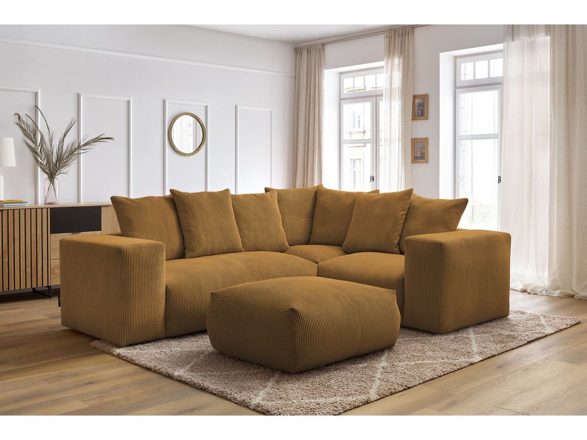Canapé d'angle fixe modulable VOLTAIRE avec 1 chauffeuse 2 places, 1 angle, 1 chauffeuse 1 place et 1 pouf