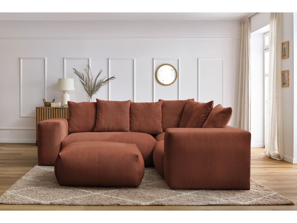 Canapé d'angle fixe modulable VOLTAIRE avec 1 chauffeuse 2 places, 1 angle, 1 chauffeuse 1 place et 1 pouf