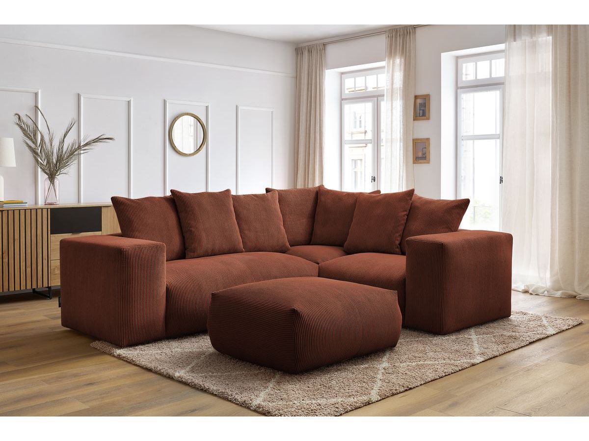 Canapé d'angle fixe modulable VOLTAIRE avec 1 chauffeuse 2 places, 1 angle, 1 chauffeuse 1 place et 1 pouf
