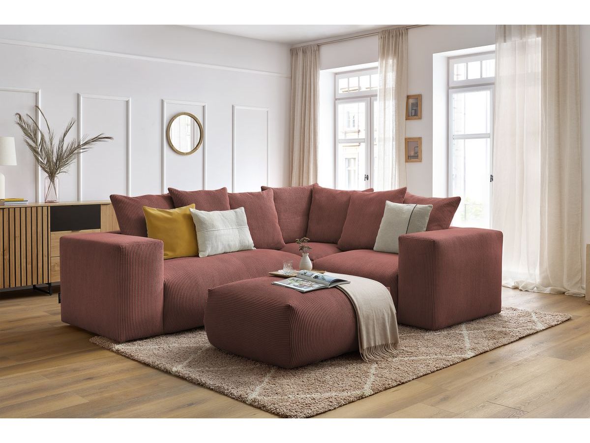 Canapé d'angle fixe modulable VOLTAIRE avec 1 chauffeuse 2 places, 1 angle, 1 chauffeuse 1 place et 1 pouf