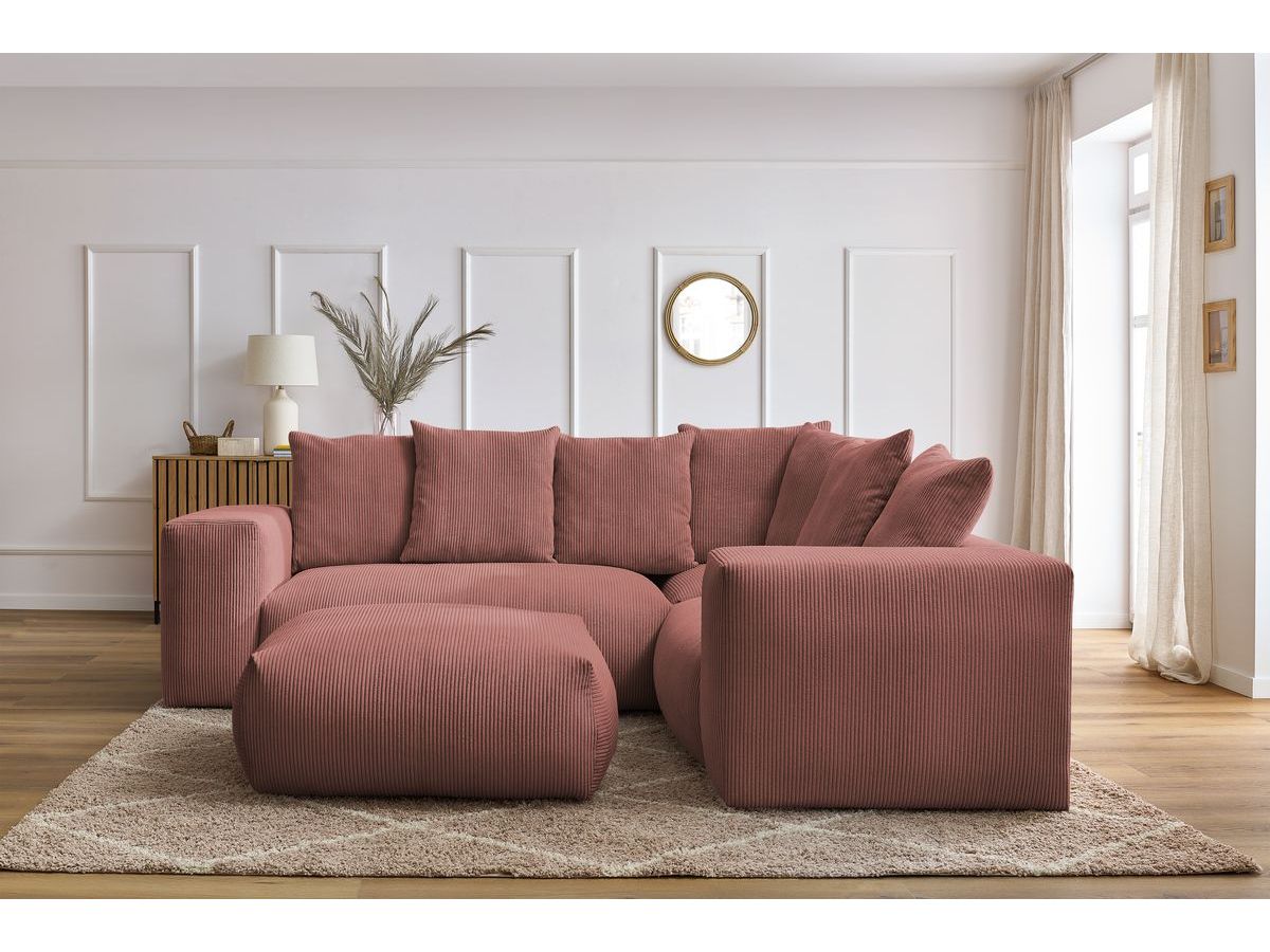 Canapé d'angle fixe modulable VOLTAIRE avec 1 chauffeuse 2 places, 1 angle, 1 chauffeuse 1 place et 1 pouf