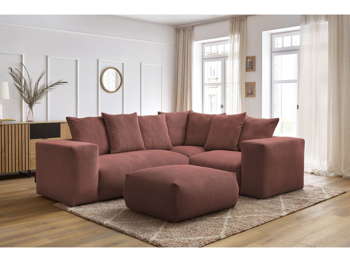 Canapé d'angle fixe modulable VOLTAIRE avec 1 chauffeuse 2 places, 1 angle, 1 chauffeuse 1 place et 1 pouf