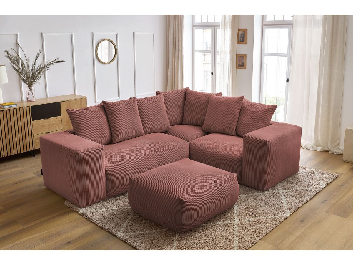 Canapé d'angle fixe modulable VOLTAIRE avec 1 chauffeuse 2 places, 1 angle, 1 chauffeuse 1 place et 1 pouf