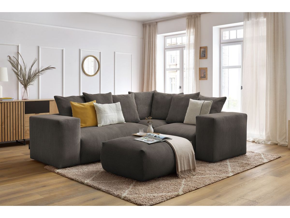 Canapé d'angle fixe modulable VOLTAIRE avec 1 chauffeuse 2 places, 1 angle, 1 chauffeuse 1 place et 1 pouf taupe  angle droit BOBOCHIC 5 places