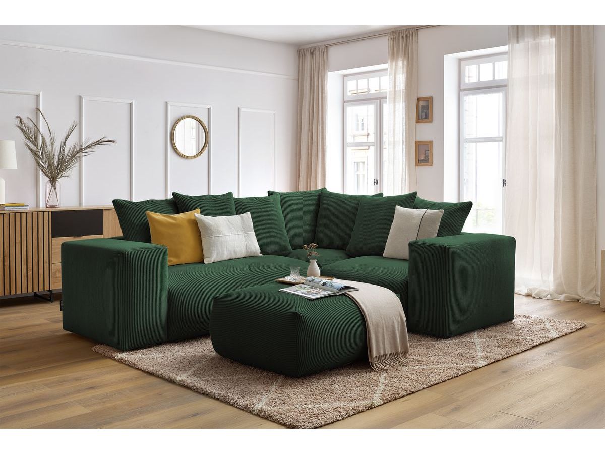 Canapé d'angle fixe modulable VOLTAIRE avec 1 chauffeuse 2 places, 1 angle, 1 chauffeuse 1 place et 1 pouf