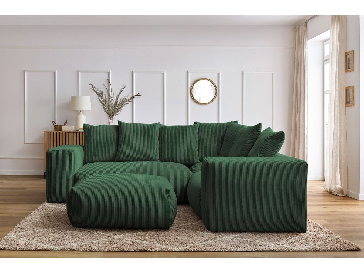 Canapé d'angle fixe modulable VOLTAIRE avec 1 chauffeuse 2 places, 1 angle, 1 chauffeuse 1 place et 1 pouf