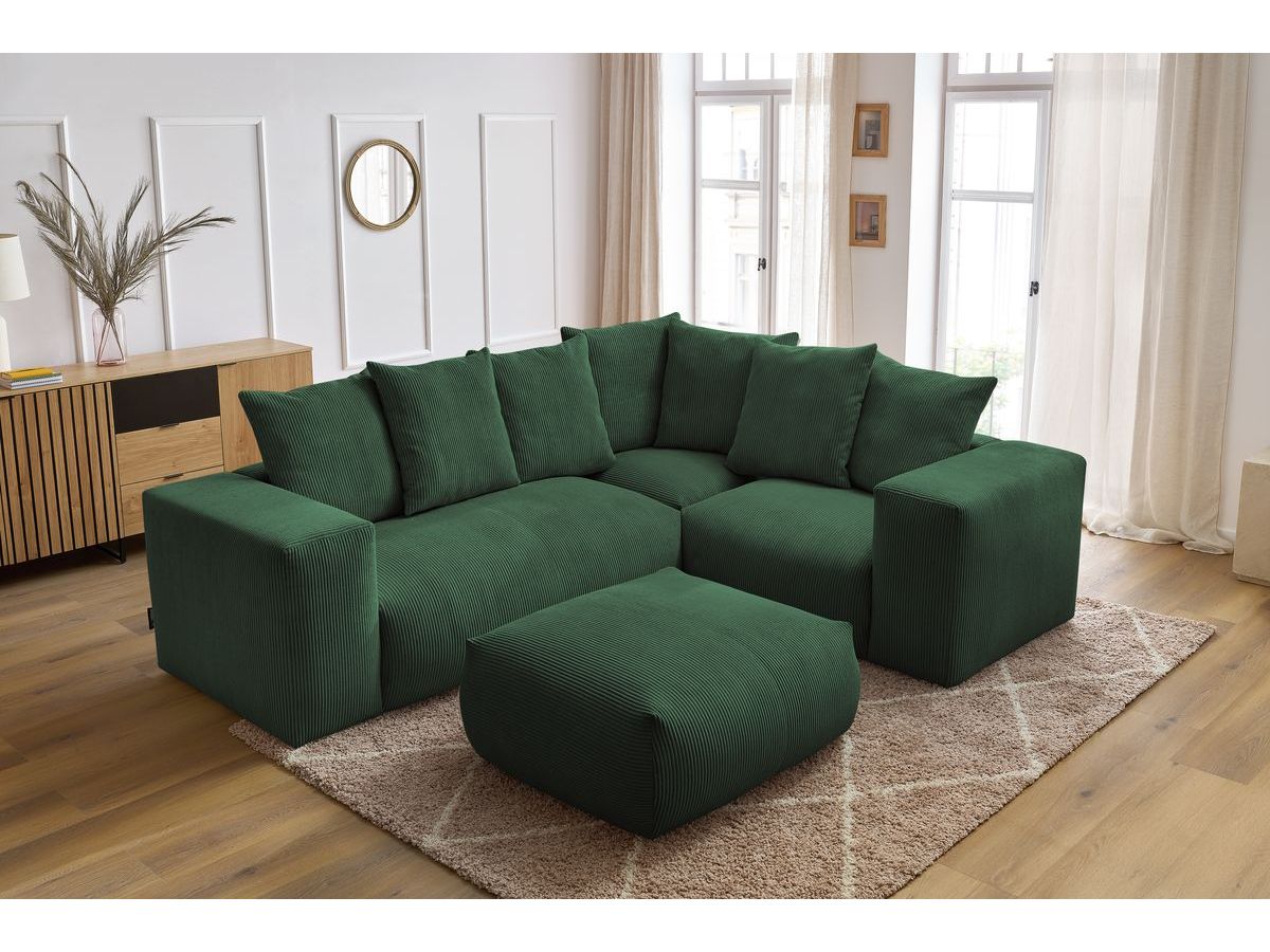 Canapé d'angle fixe modulable VOLTAIRE avec 1 chauffeuse 2 places, 1 angle, 1 chauffeuse 1 place et 1 pouf