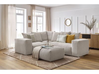 Canapé d'angle fixe modulable VOLTAIRE avec 1 chauffeuse 2 places, 1 angle, 1 chauffeuse 1 place et 1 pouf
