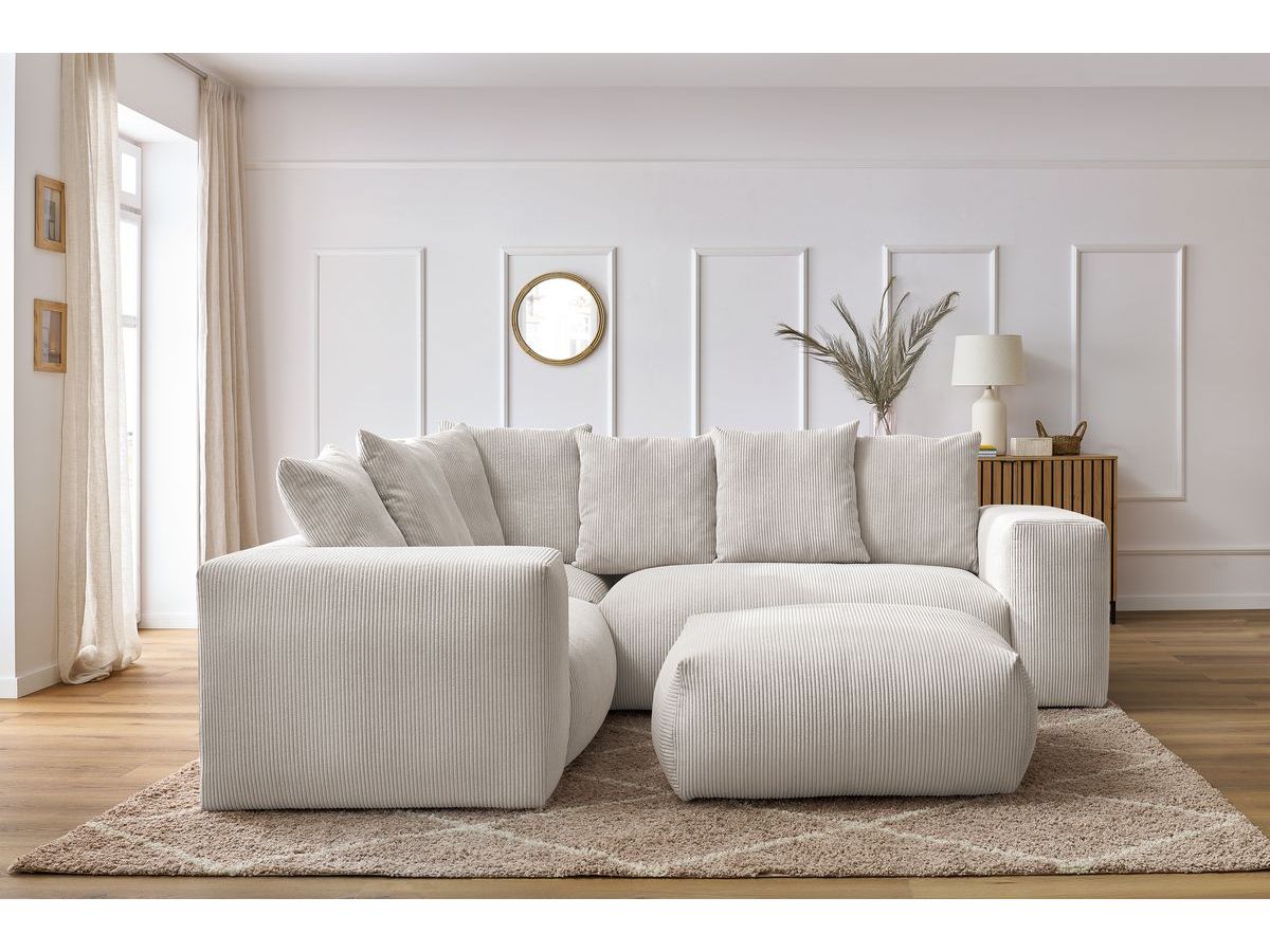 Canapé d'angle fixe modulable VOLTAIRE avec 1 chauffeuse 2 places, 1 angle, 1 chauffeuse 1 place et 1 pouf