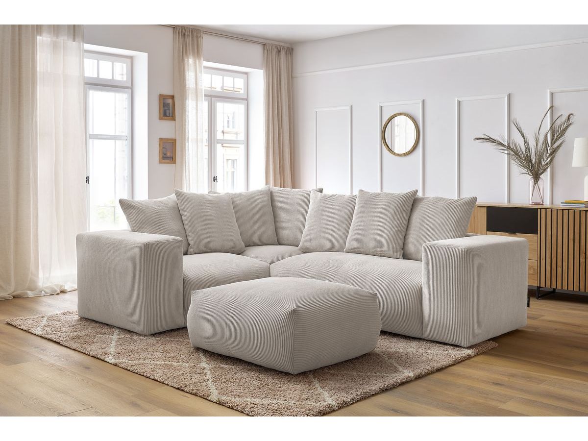 Canapé d'angle fixe modulable VOLTAIRE avec 1 chauffeuse 2 places, 1 angle, 1 chauffeuse 1 place et 1 pouf