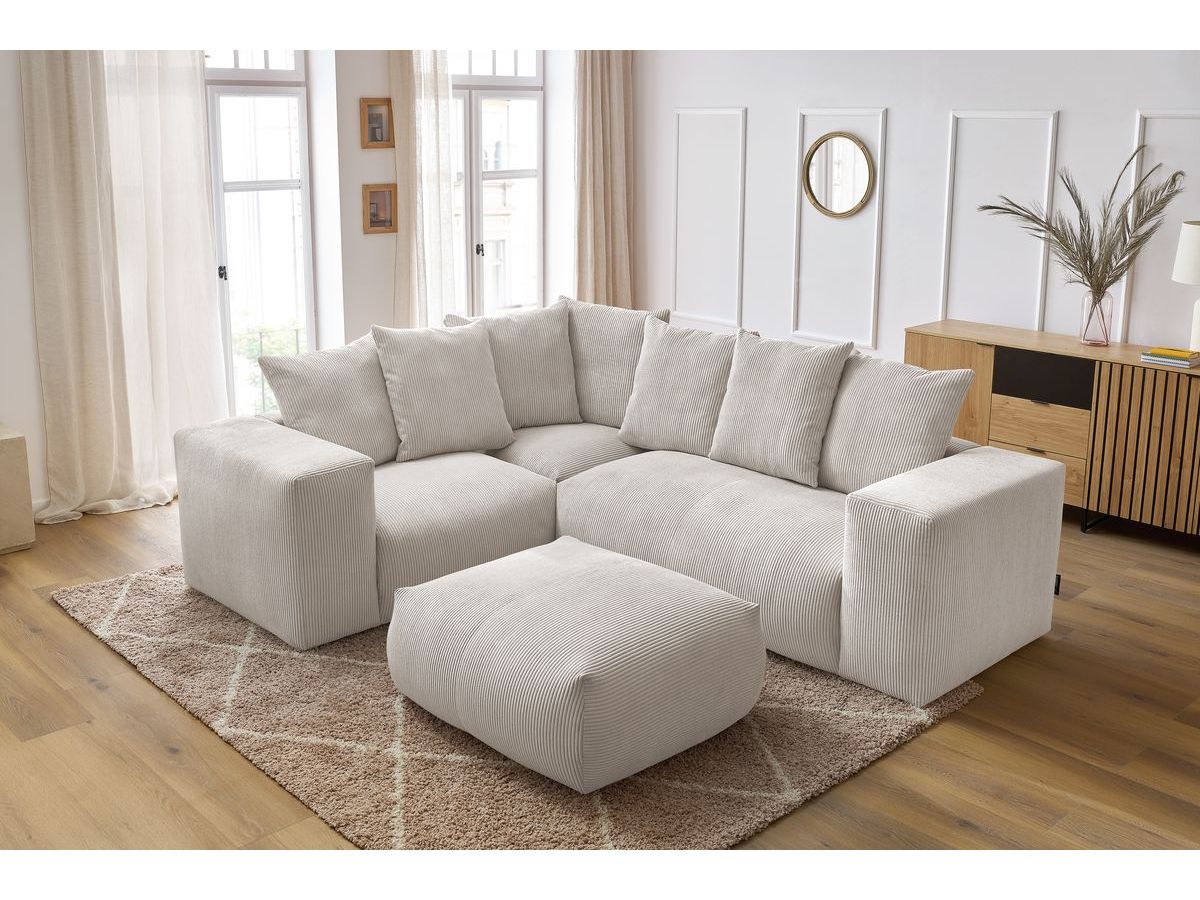 Canapé d'angle fixe modulable VOLTAIRE avec 1 chauffeuse 2 places, 1 angle, 1 chauffeuse 1 place et 1 pouf