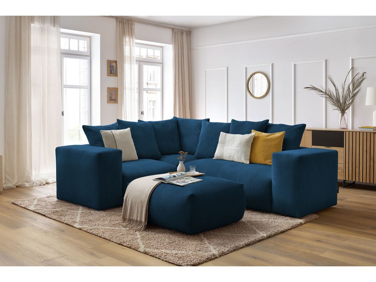 Canapé d'angle fixe modulable VOLTAIRE avec 1 chauffeuse 2 places, 1 angle, 1 chauffeuse 1 place et 1 pouf bleu foncé  angle gauche BOBOCHIC 5 places