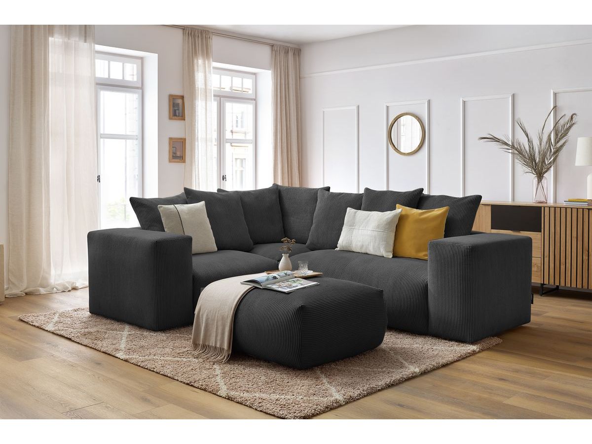 Canapé d'angle fixe modulable VOLTAIRE avec 1 chauffeuse 2 places, 1 angle, 1 chauffeuse 1 place et 1 pouf gris foncé  angle gauche BOBOCHIC 5 places