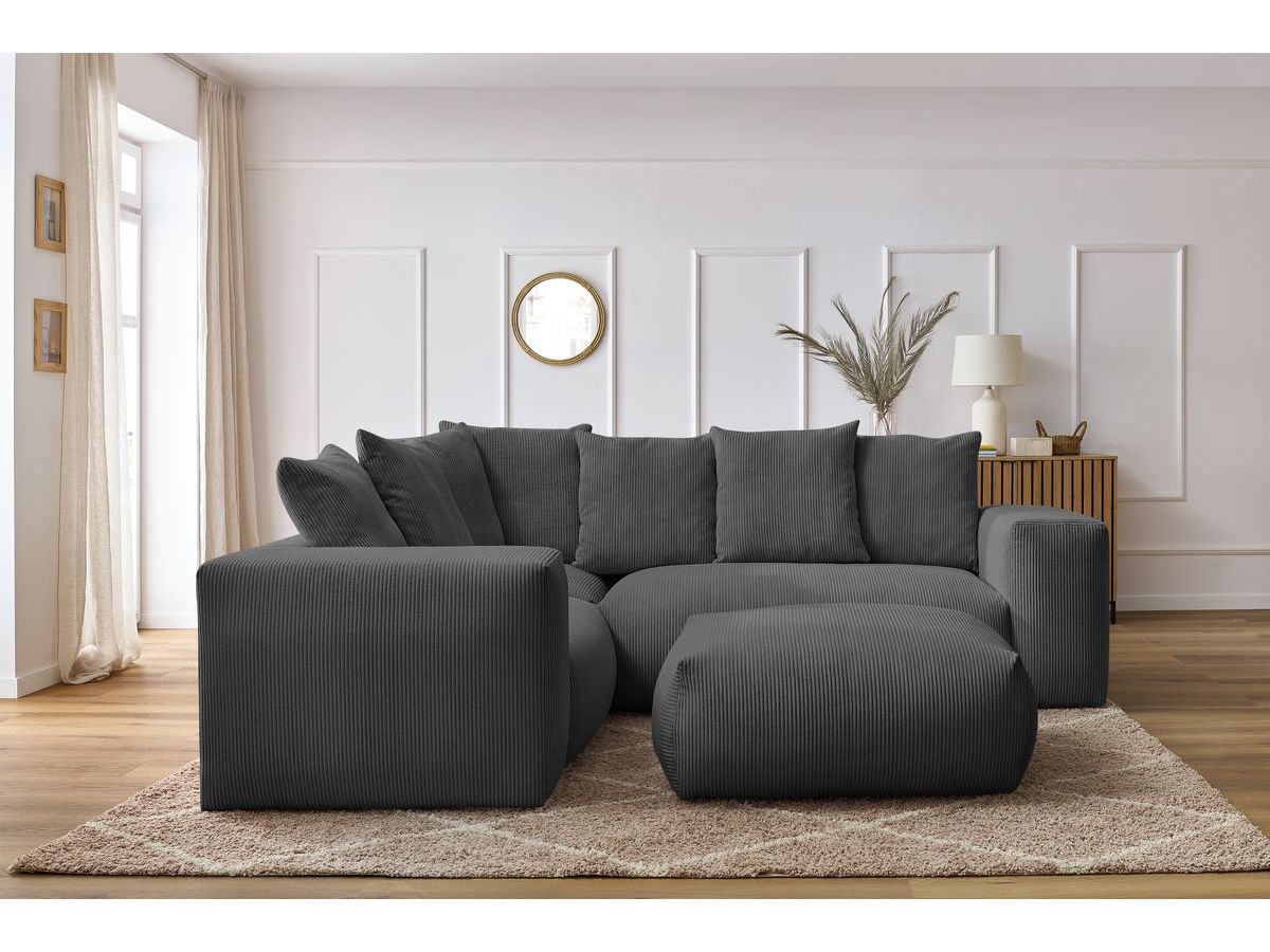 Canapé d'angle fixe modulable VOLTAIRE avec 1 chauffeuse 2 places, 1 angle, 1 chauffeuse 1 place et 1 pouf