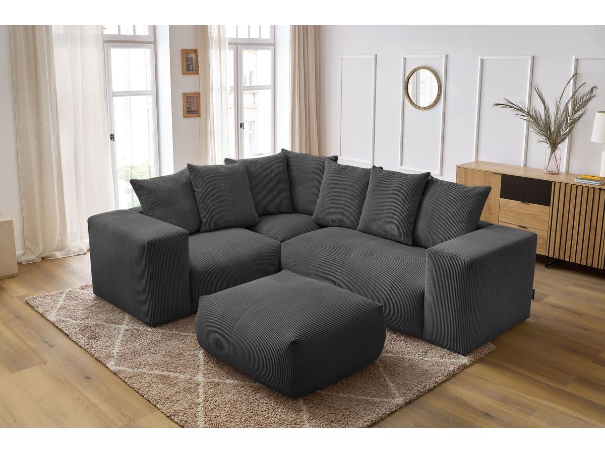 Canapé d'angle fixe modulable VOLTAIRE avec 1 chauffeuse 2 places, 1 angle, 1 chauffeuse 1 place et 1 pouf