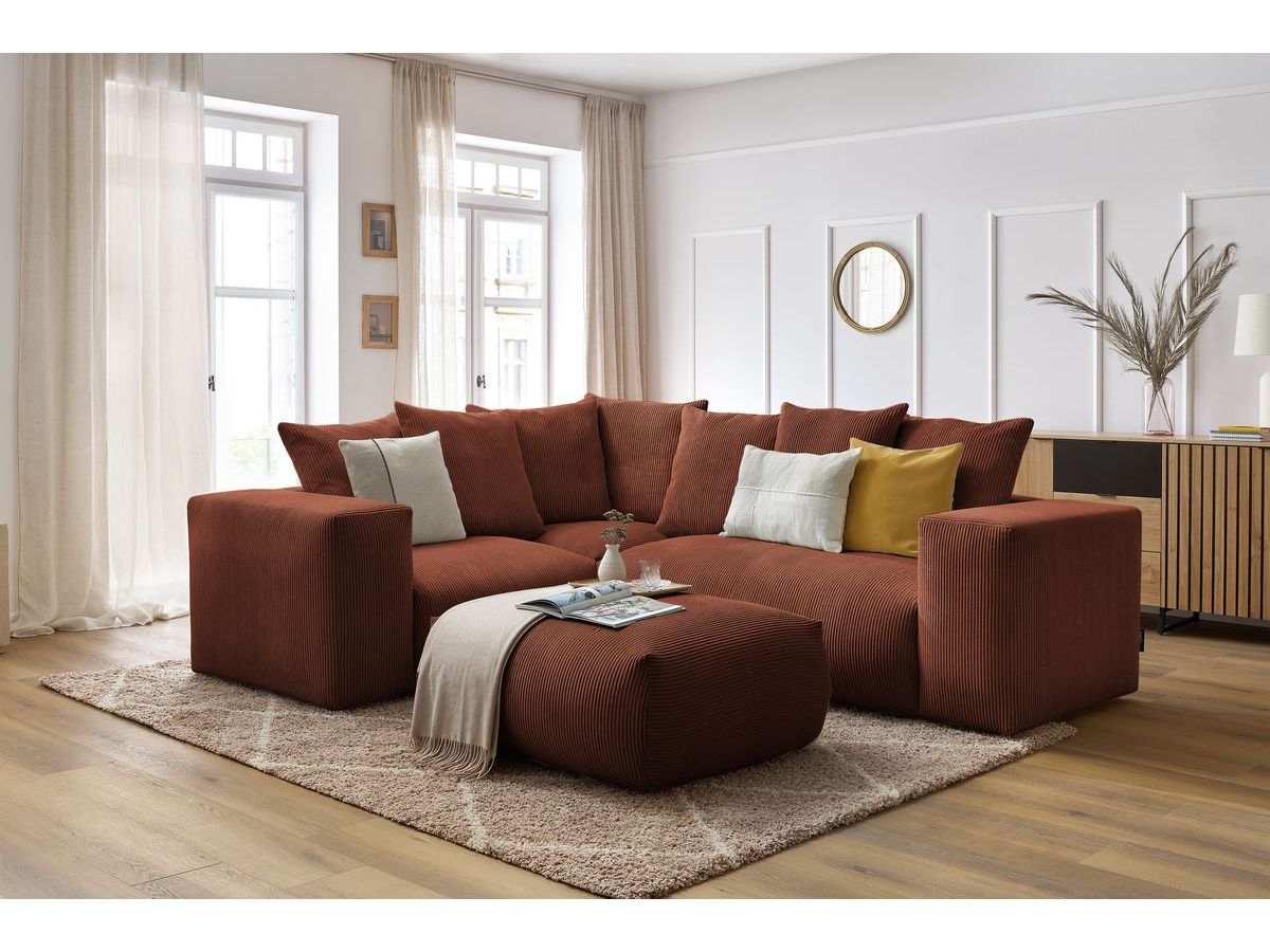 Canapé d'angle fixe modulable VOLTAIRE avec 1 chauffeuse 2 places, 1 angle, 1 chauffeuse 1 place et 1 pouf