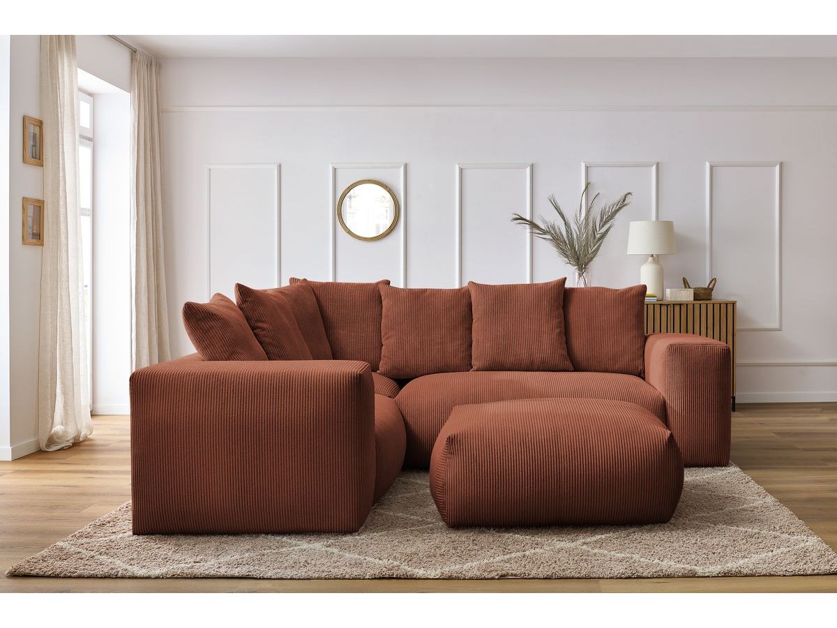 Canapé d'angle fixe modulable VOLTAIRE avec 1 chauffeuse 2 places, 1 angle, 1 chauffeuse 1 place et 1 pouf