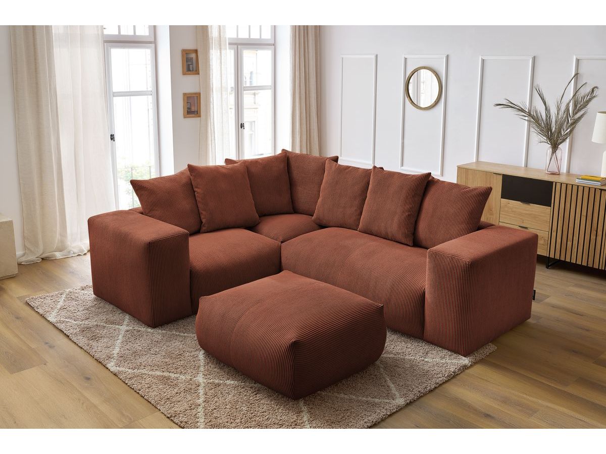Canapé d'angle fixe modulable VOLTAIRE avec 1 chauffeuse 2 places, 1 angle, 1 chauffeuse 1 place et 1 pouf