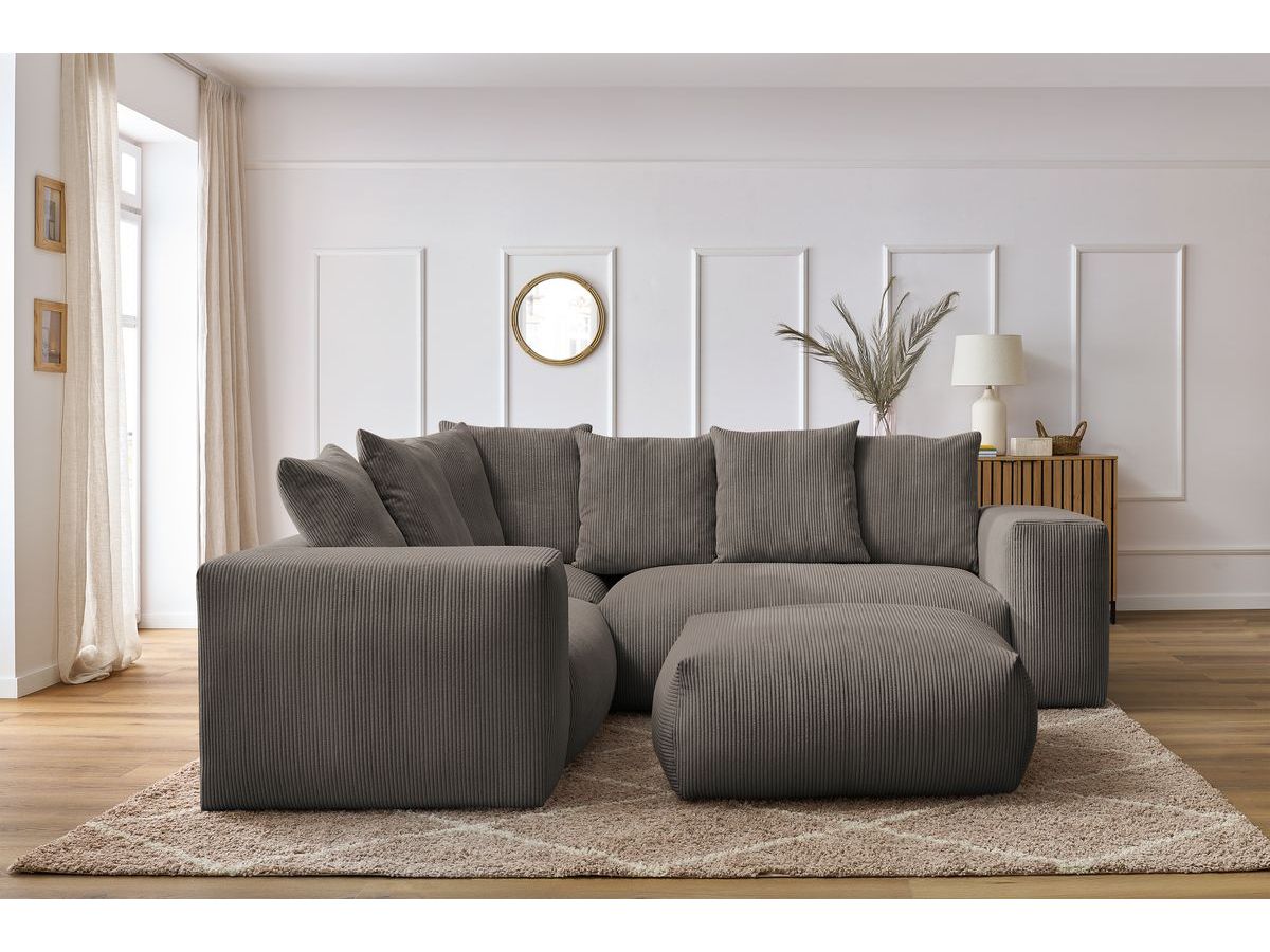 Canapé d'angle fixe modulable VOLTAIRE avec 1 chauffeuse 2 places, 1 angle, 1 chauffeuse 1 place et 1 pouf