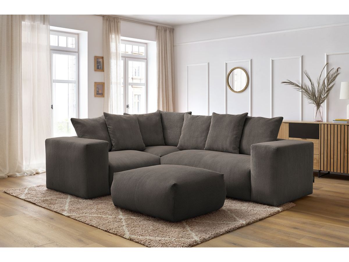 Canapé d'angle fixe modulable VOLTAIRE avec 1 chauffeuse 2 places, 1 angle, 1 chauffeuse 1 place et 1 pouf