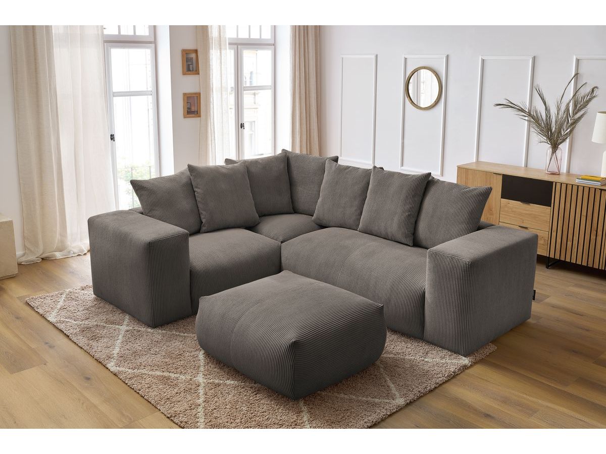 Canapé d'angle fixe modulable VOLTAIRE avec 1 chauffeuse 2 places, 1 angle, 1 chauffeuse 1 place et 1 pouf