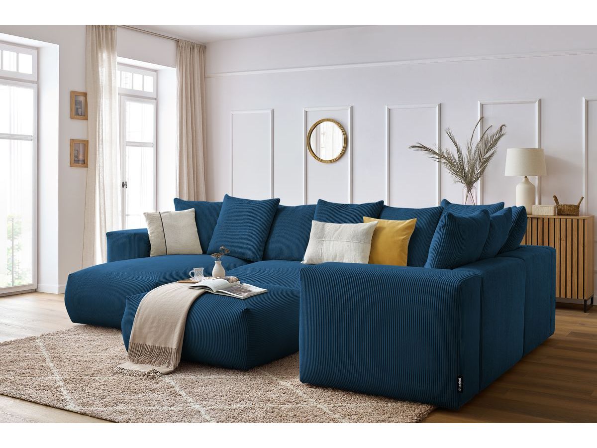 Canapé panoramique fixe modulable VOLTAIRE avec 1 méridienne, 1 angle, 2 chauffeuses et 1 pouf bleu foncé  angle gauche BOBOCHIC 6 places