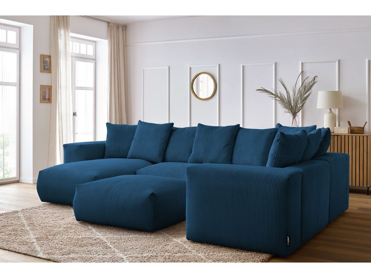 Canapé panoramique fixe modulable VOLTAIRE avec 1 méridienne, 1 angle, 2 chauffeuses et 1 pouf