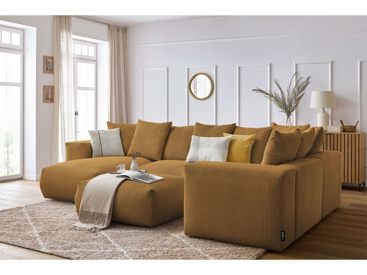 Canapé panoramique fixe modulable VOLTAIRE avec 1 méridienne, 1 angle, 2 chauffeuses et 1 pouf