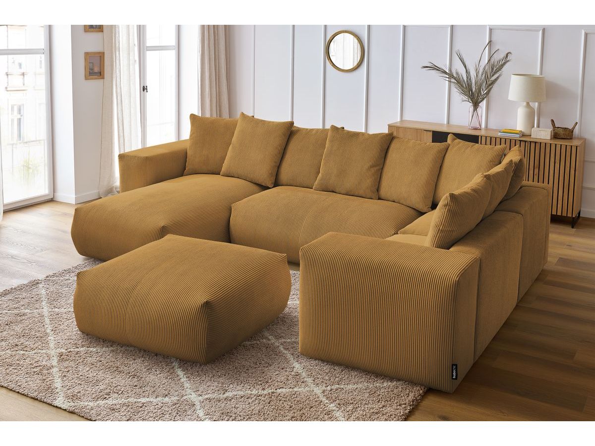 Canapé panoramique fixe modulable VOLTAIRE avec 1 méridienne, 1 angle, 2 chauffeuses et 1 pouf