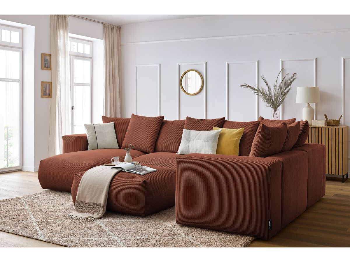 Canapé panoramique fixe modulable VOLTAIRE avec 1 méridienne, 1 angle, 2 chauffeuses et 1 pouf
