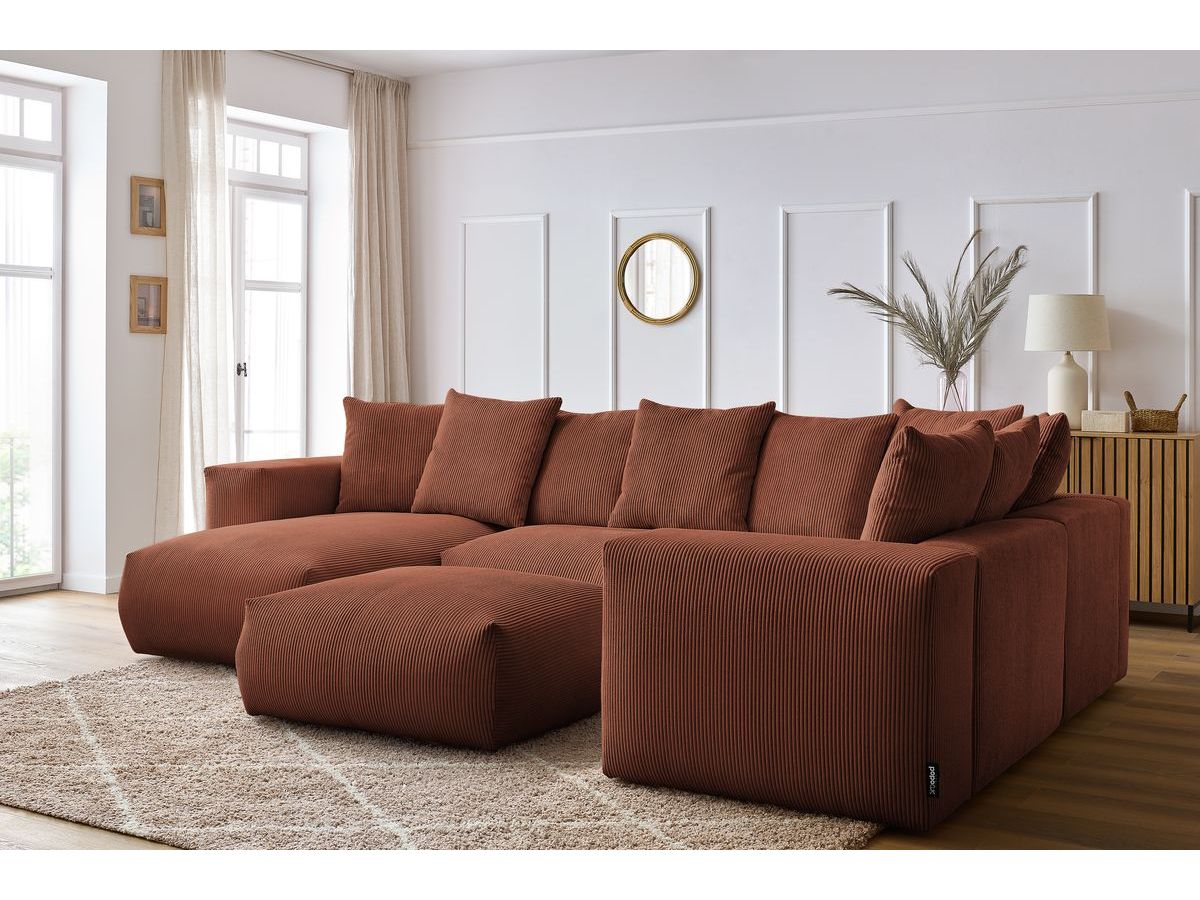 Canapé panoramique fixe modulable VOLTAIRE avec 1 méridienne, 1 angle, 2 chauffeuses et 1 pouf