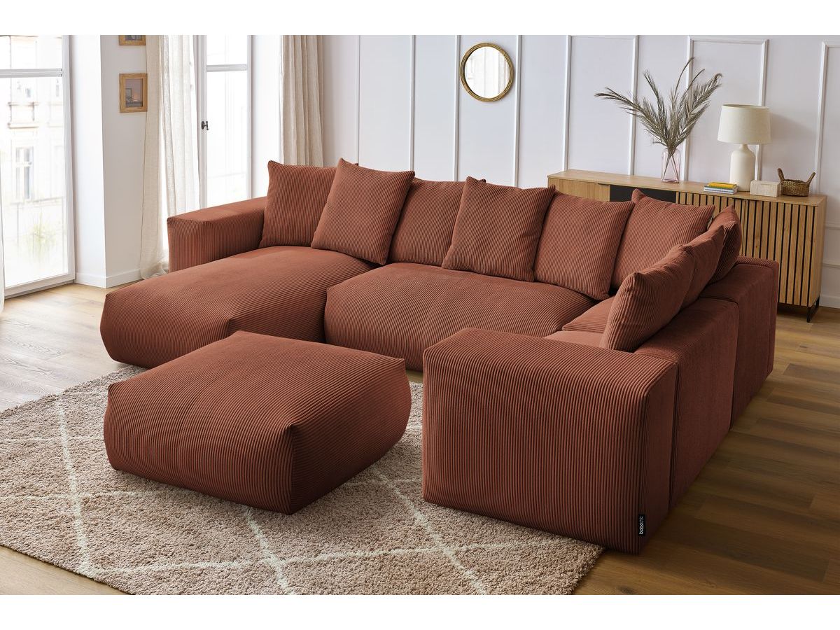 Canapé panoramique fixe modulable VOLTAIRE avec 1 méridienne, 1 angle, 2 chauffeuses et 1 pouf