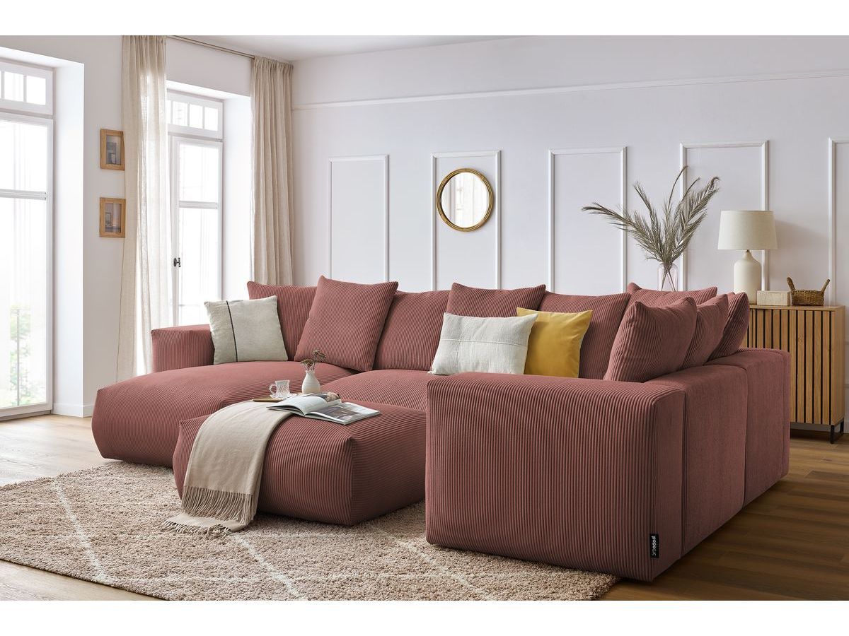 Canapé panoramique fixe modulable VOLTAIRE avec 1 méridienne, 1 angle, 2 chauffeuses et 1 pouf