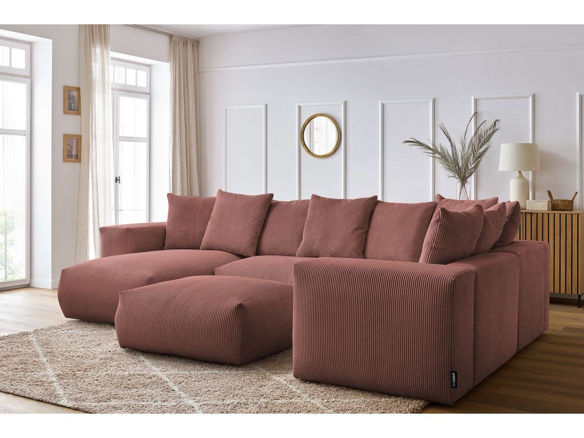 Canapé panoramique fixe modulable VOLTAIRE avec 1 méridienne, 1 angle, 2 chauffeuses et 1 pouf