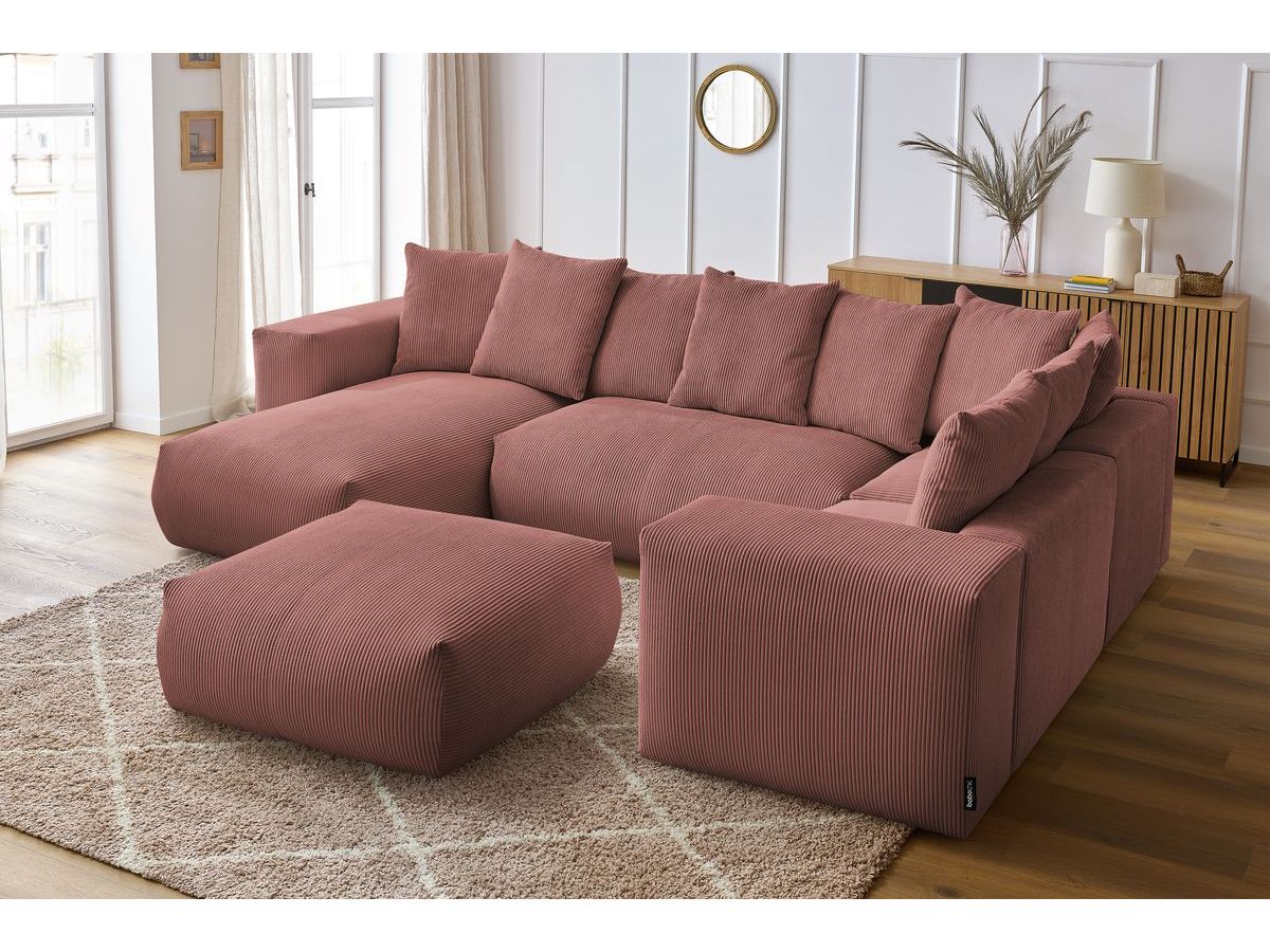 Canapé panoramique fixe modulable VOLTAIRE avec 1 méridienne, 1 angle, 2 chauffeuses et 1 pouf