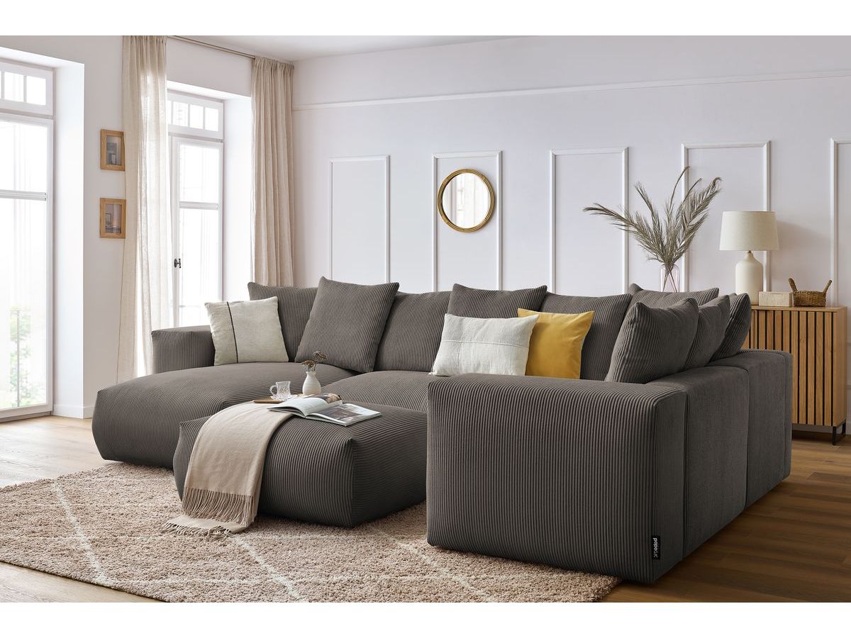 Canapé panoramique fixe modulable VOLTAIRE avec 1 méridienne, 1 angle, 2 chauffeuses et 1 pouf