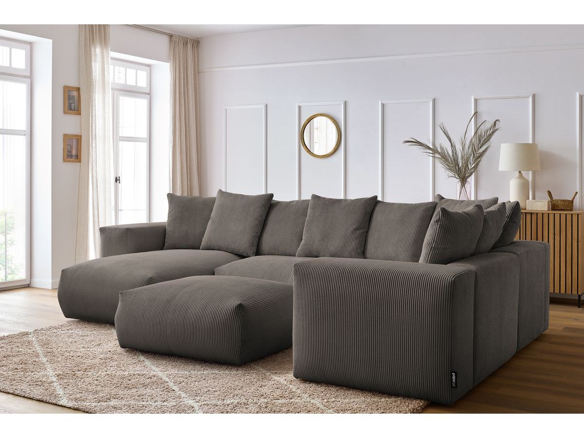 Canapé panoramique fixe modulable VOLTAIRE avec 1 méridienne, 1 angle, 2 chauffeuses et 1 pouf