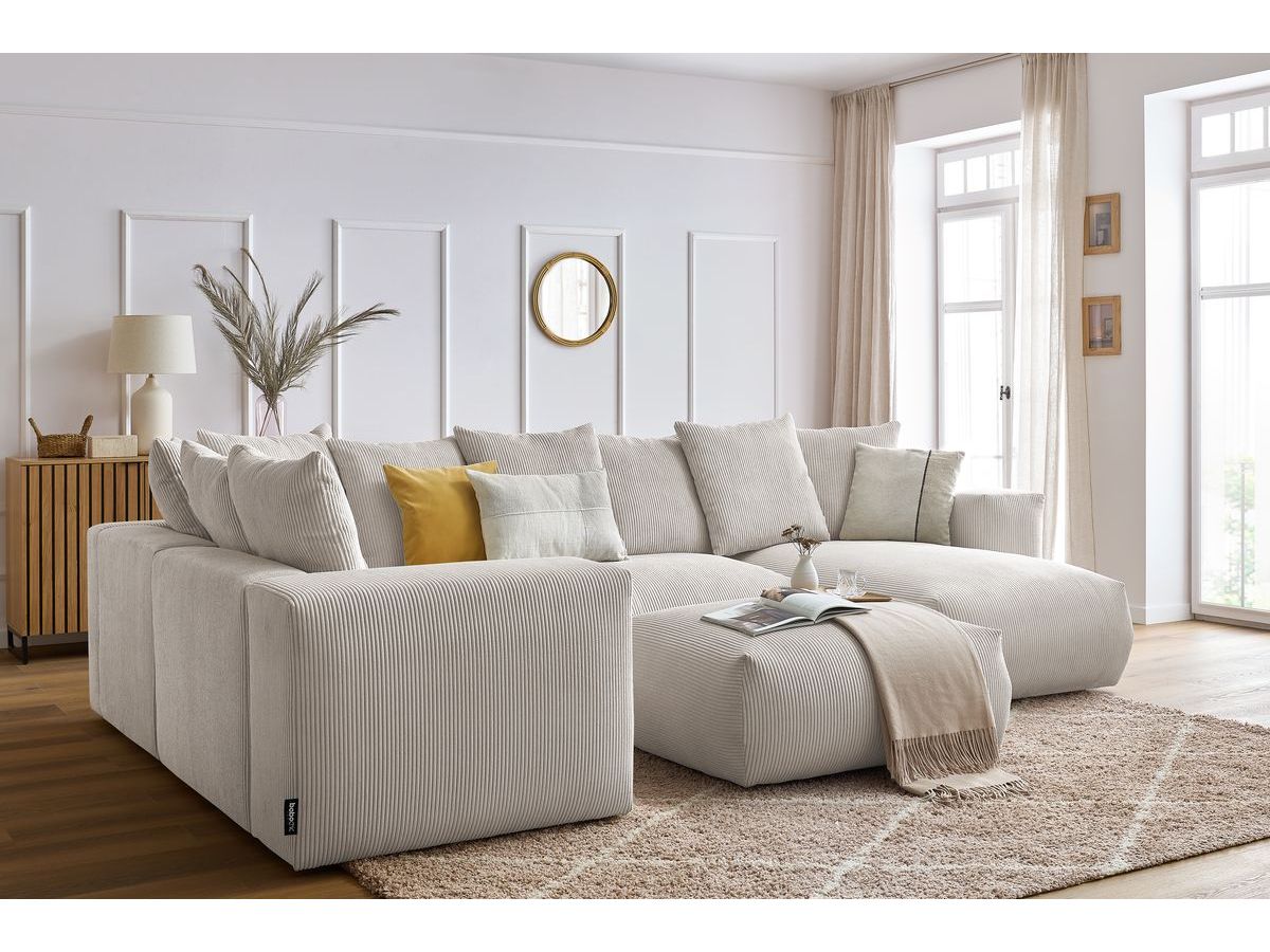 Canapé panoramique fixe modulable VOLTAIRE avec 1 méridienne, 1 angle, 2 chauffeuses et 1 pouf beige  angle droit BOBOCHIC 6 places