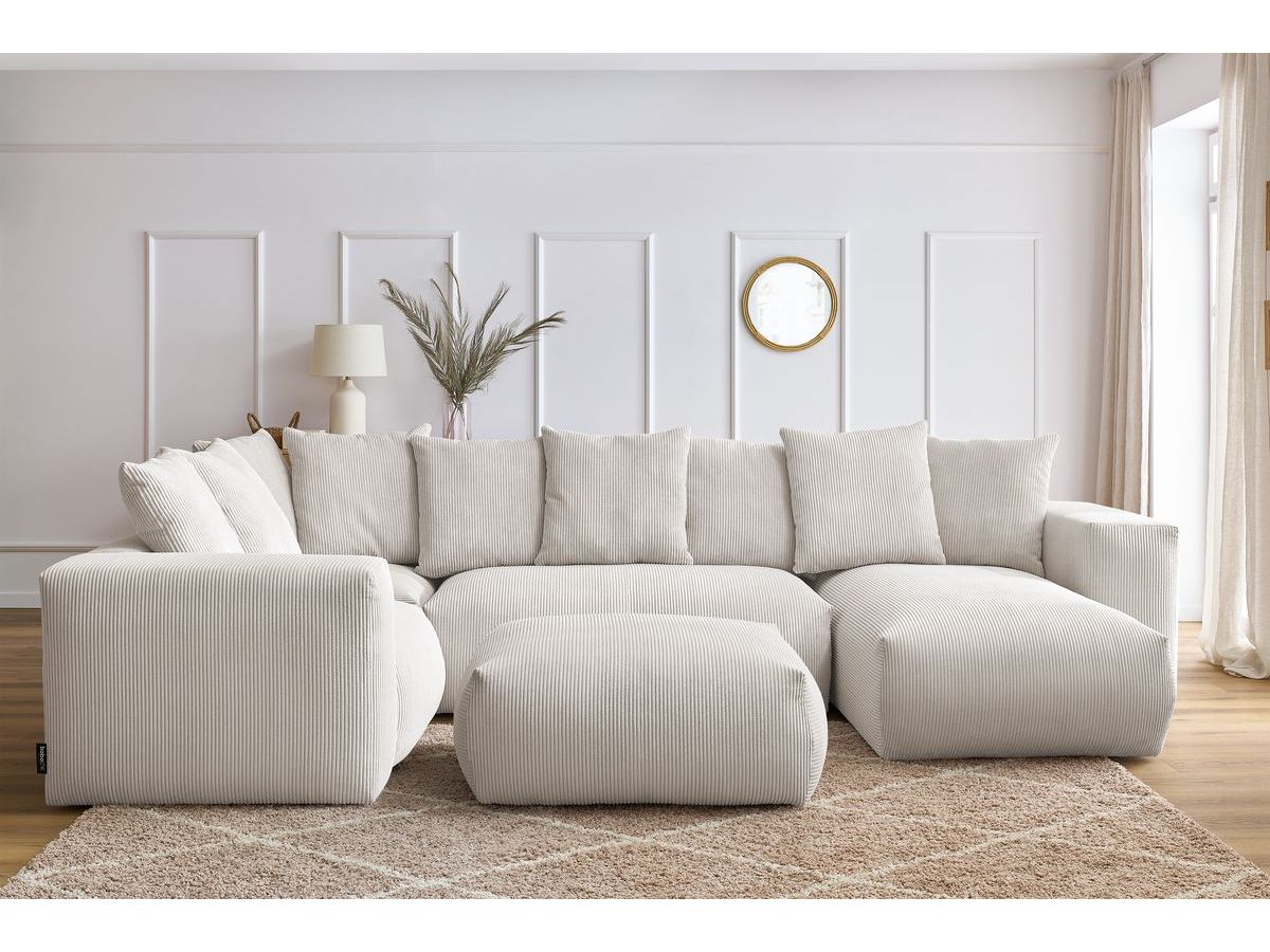 Canapé panoramique fixe modulable VOLTAIRE avec 1 méridienne, 1 angle, 2 chauffeuses et 1 pouf