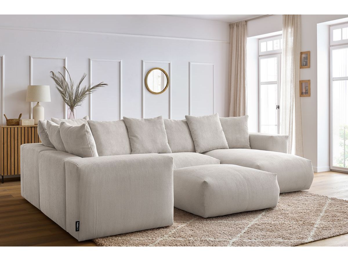 Canapé panoramique fixe modulable VOLTAIRE avec 1 méridienne, 1 angle, 2 chauffeuses et 1 pouf