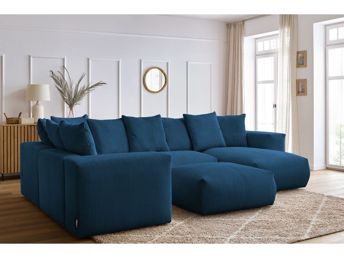 Canapé panoramique fixe modulable VOLTAIRE avec 1 méridienne, 1 angle, 2 chauffeuses et 1 pouf bleu foncé  angle droit BOBOCHIC 6 places - Vue supplémentaire 2