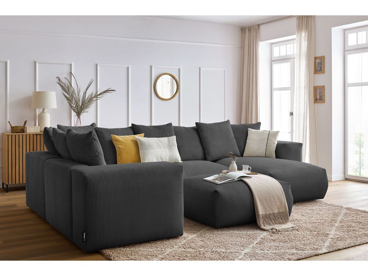 Canapé panoramique fixe modulable VOLTAIRE avec 1 méridienne, 1 angle, 2 chauffeuses et 1 pouf gris foncé  angle droit BOBOCHIC 6 places