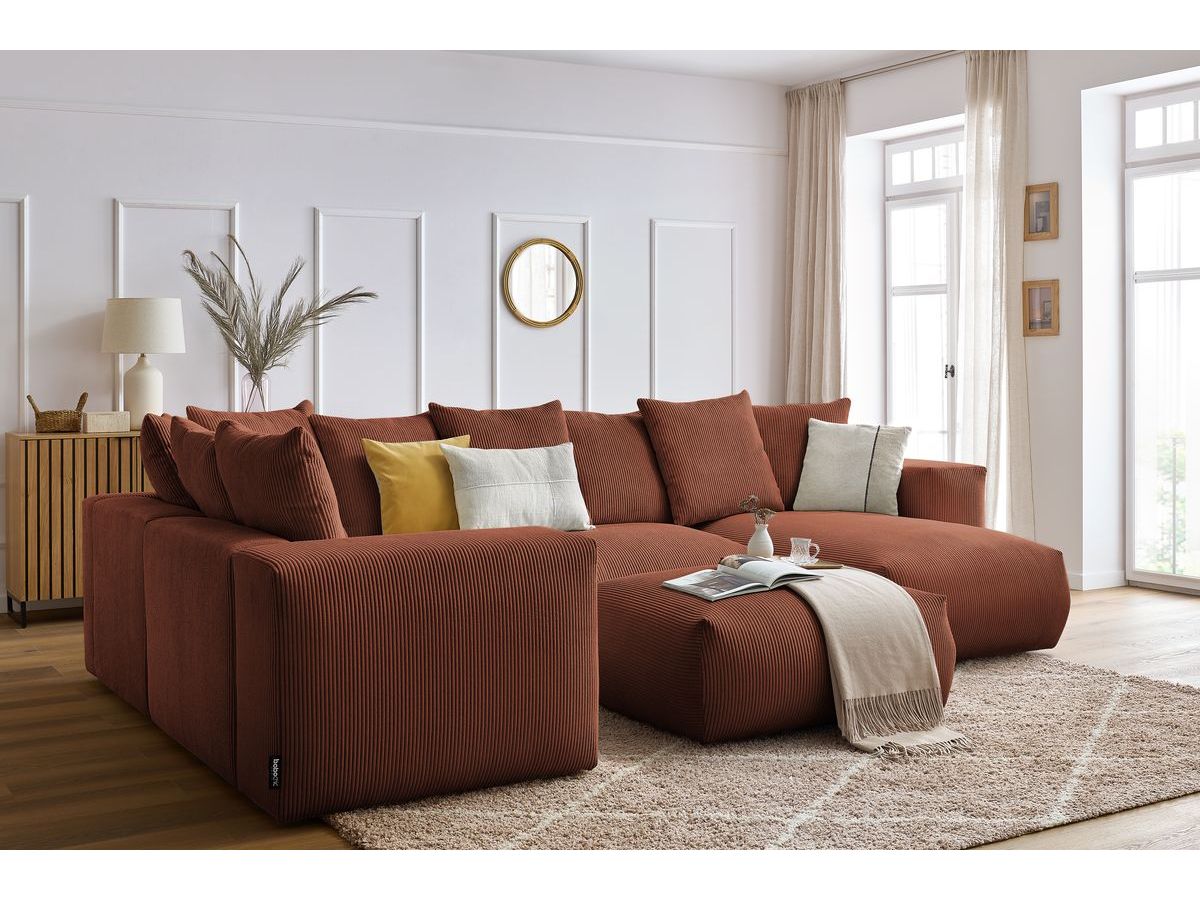 Canapé panoramique fixe modulable VOLTAIRE avec 1 méridienne, 1 angle, 2 chauffeuses et 1 pouf