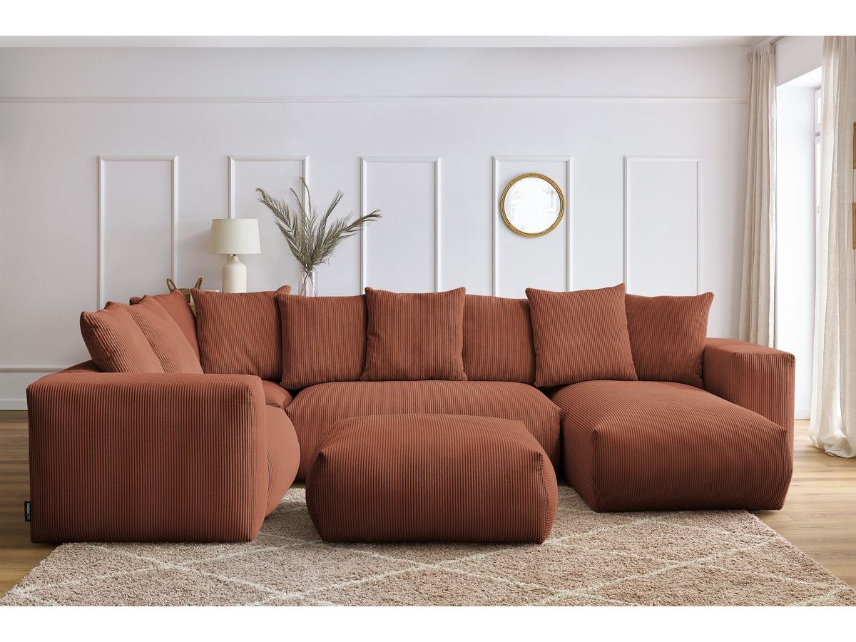 Canapé panoramique fixe modulable VOLTAIRE avec 1 méridienne, 1 angle, 2 chauffeuses et 1 pouf