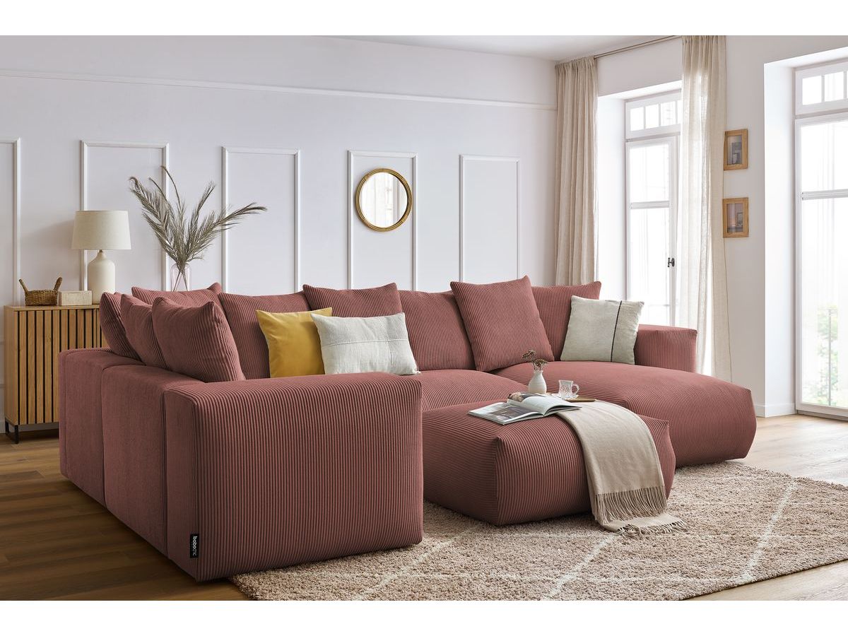 Canapé panoramique fixe modulable VOLTAIRE avec 1 méridienne, 1 angle, 2 chauffeuses et 1 pouf