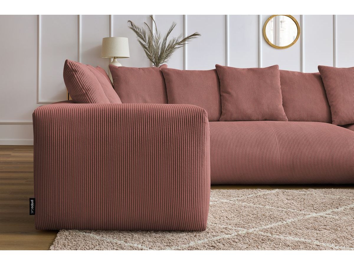 Canapé panoramique fixe modulable VOLTAIRE avec 1 méridienne, 1 angle, 2 chauffeuses et 1 pouf rose angle droit BOBOCHIC 6 places - Vue supplémentaire 3