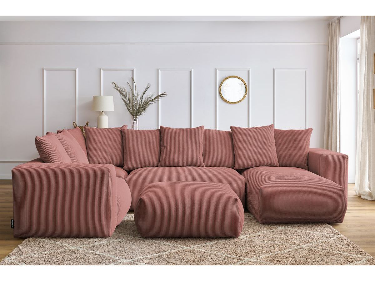Canapé panoramique fixe modulable VOLTAIRE avec 1 méridienne, 1 angle, 2 chauffeuses et 1 pouf