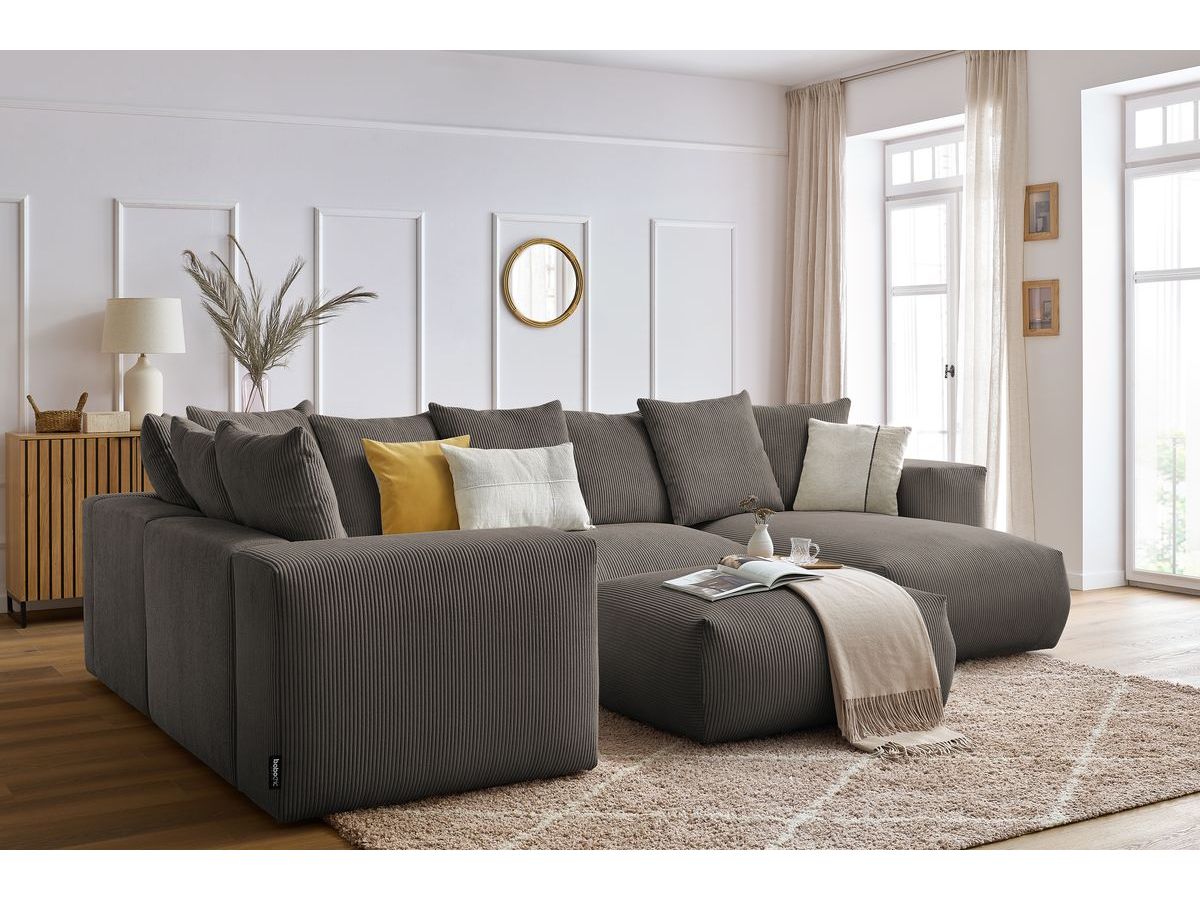 Canapé panoramique fixe modulable VOLTAIRE avec 1 méridienne, 1 angle, 2 chauffeuses et 1 pouf