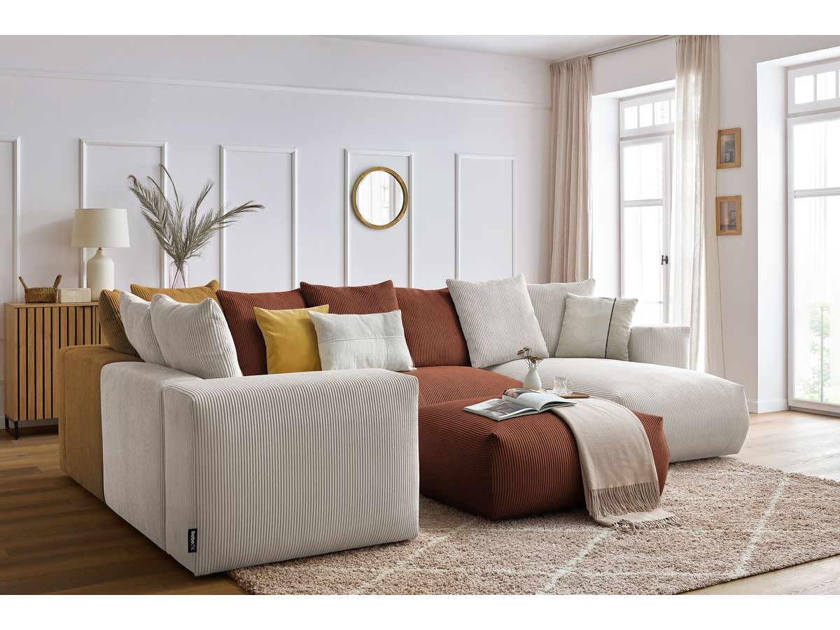 Canapé panoramique fixe modulable VOLTAIRE avec 1 méridienne, 1 angle, 2 chauffeuses et 1 pouf