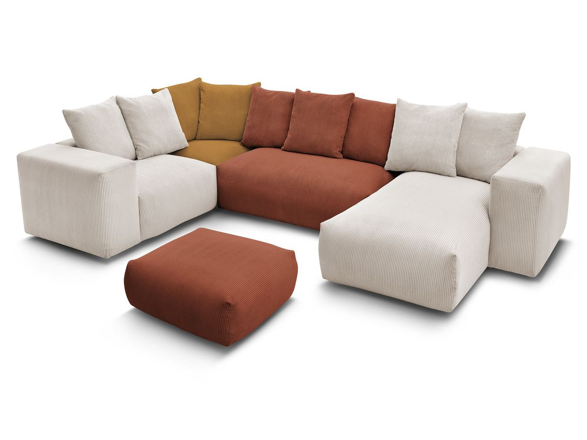 Canapé panoramique fixe modulable VOLTAIRE avec 1 méridienne, 1 angle, 2 chauffeuses et 1 pouf